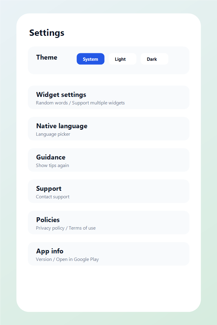 Widget Flashcards Settings screen